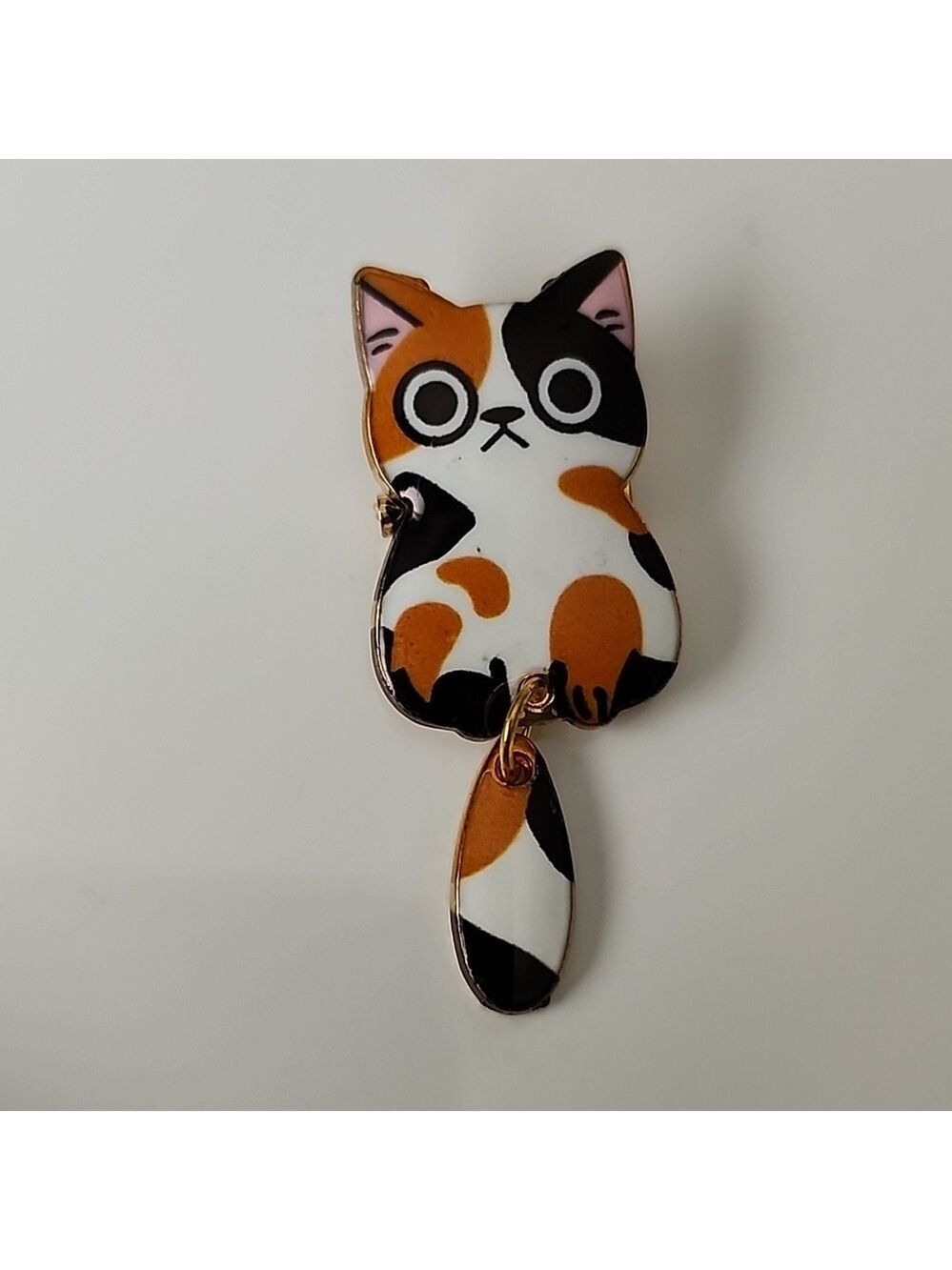 CALICO CAT PIN brooch Dangle Tail Pull